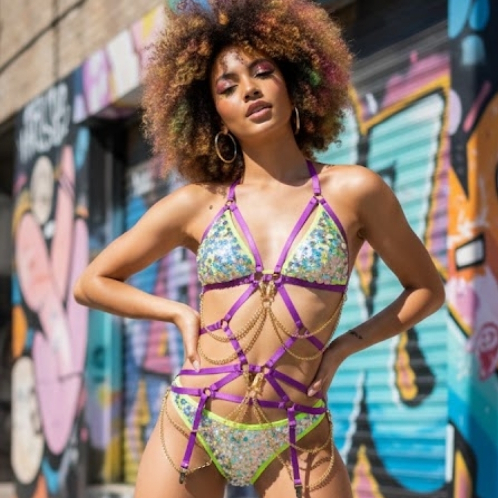 Purple & gold bodysuit body harness O/S